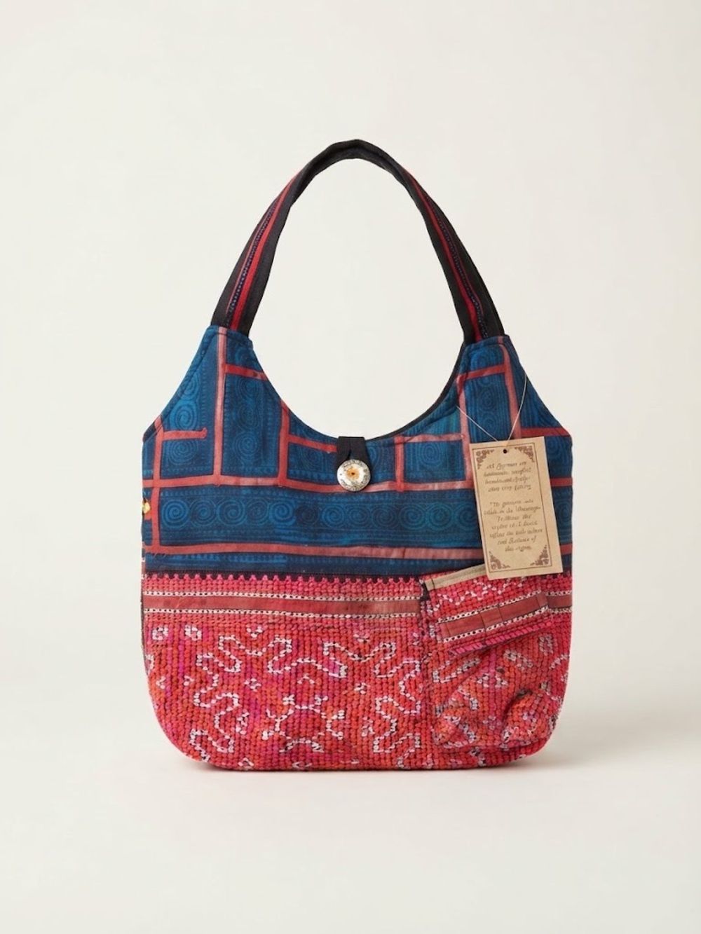 Boho Patchwork Tote Cotton Shoulder Bag in Blue Red and Pink